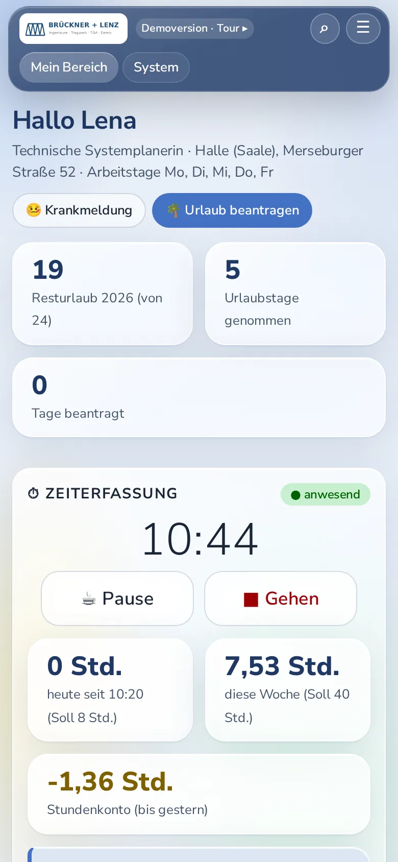 Mein Bereich mit Zeiterfassung