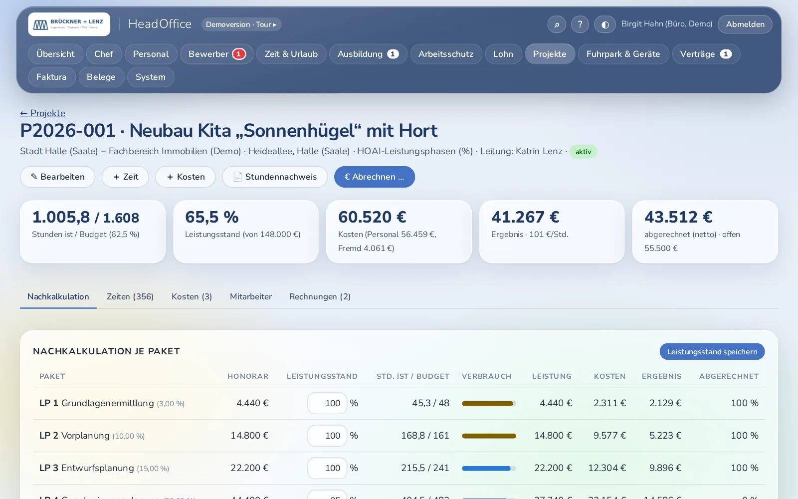 HeadOffice: Projekt mit Nachkalkulation je Leistungsphase